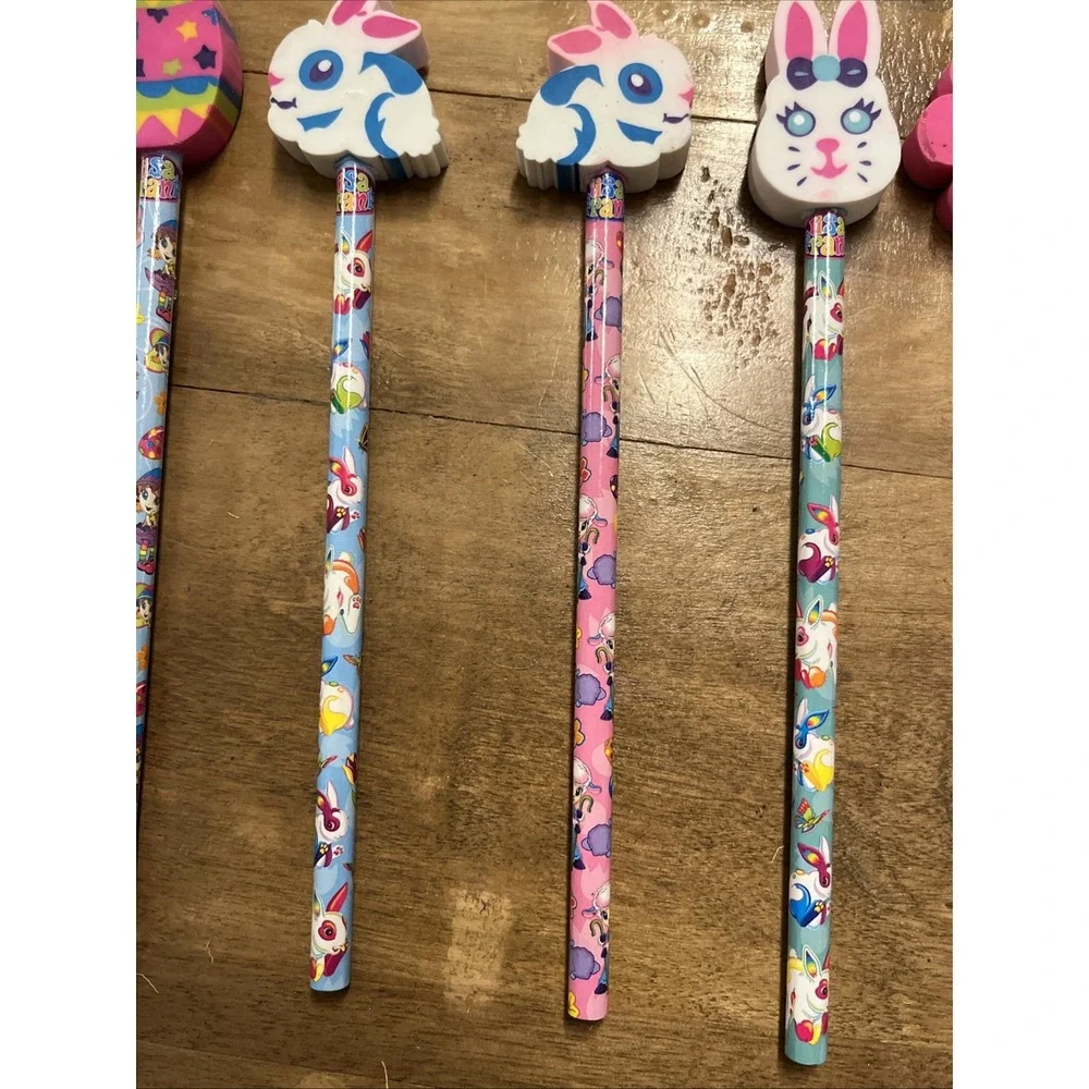 Vintage Lisa Frank Lot 6 NOS Pencils With Toppers Chick Egg Bear Egg Flower 90s